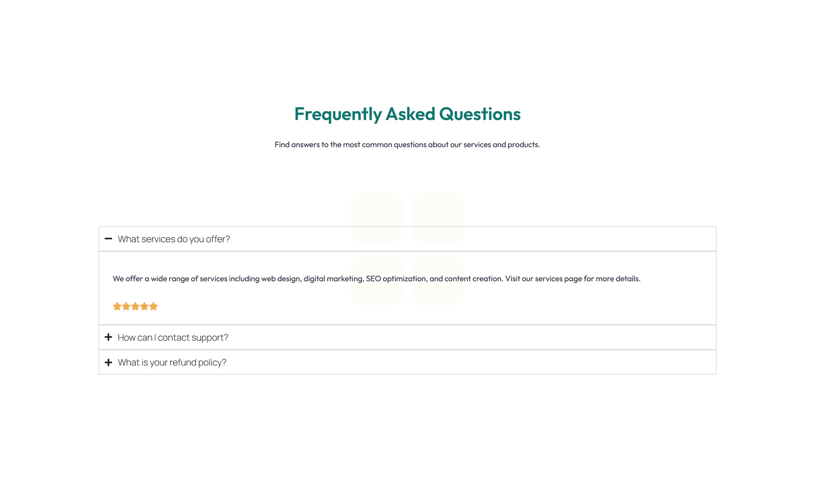 Screenshot of Centered FAQ with Accordion, Follow-up CTA 72 - Elementor FAQ Sections component