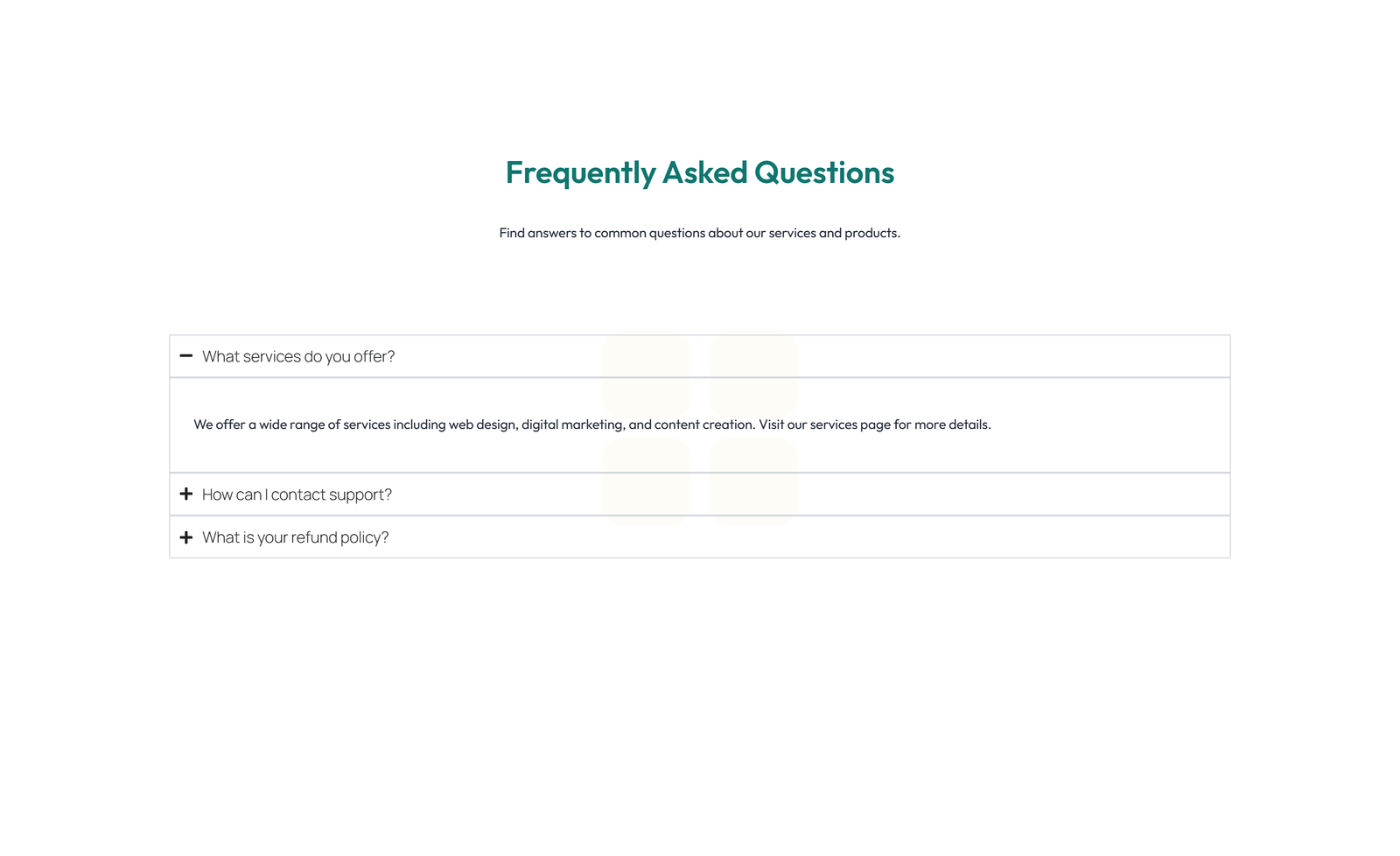 Screenshot of Centered FAQ with Accordion with Heading 73 - Elementor FAQ Sections component