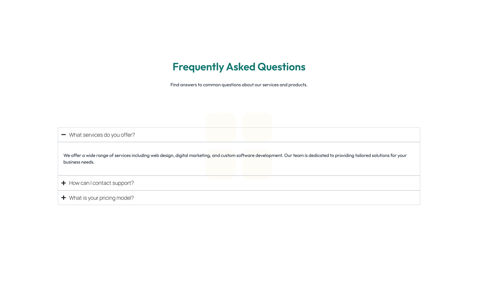 Screenshot of Split FAQ with Text and CTA Left and Accordion Right 73 - Elementor FAQ Sections component
