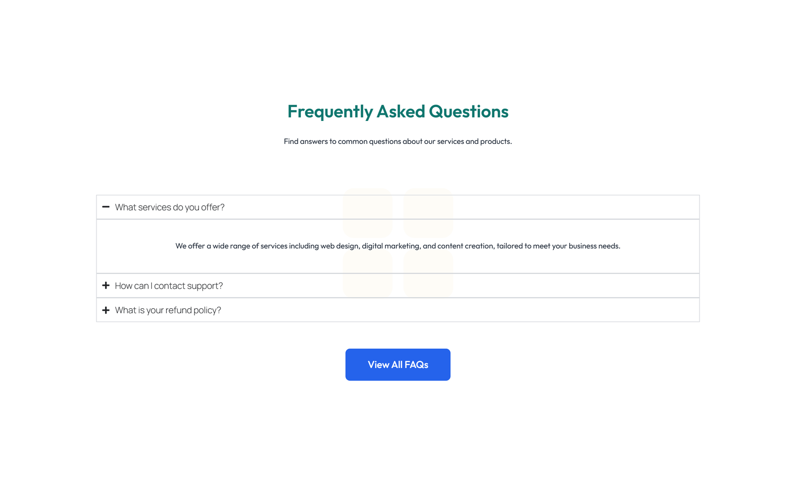 Screenshot of Centered FAQ with Accordion, Follow-up CTA 73 - Elementor FAQ Sections component