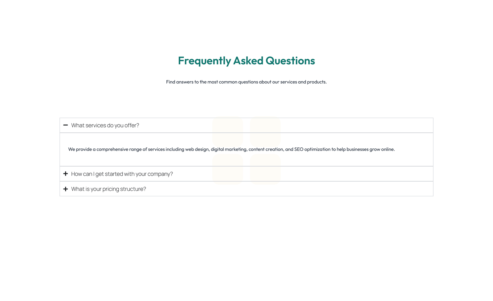 Screenshot of Centered FAQ with Accordion with Heading 74 - Elementor FAQ Sections component