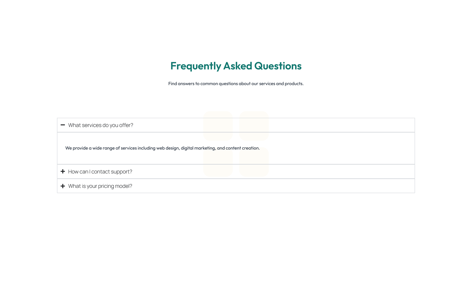 Screenshot of Centered FAQ with Accordion, Follow-up CTA 74 - Elementor FAQ Sections component