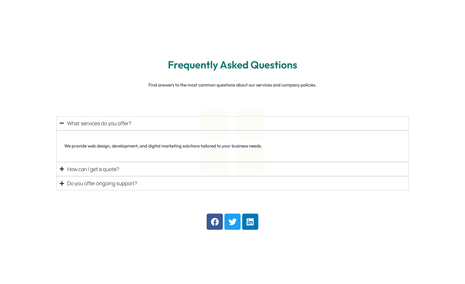 Screenshot of Centered FAQ with Accordion with Heading 75 - Elementor FAQ Sections component