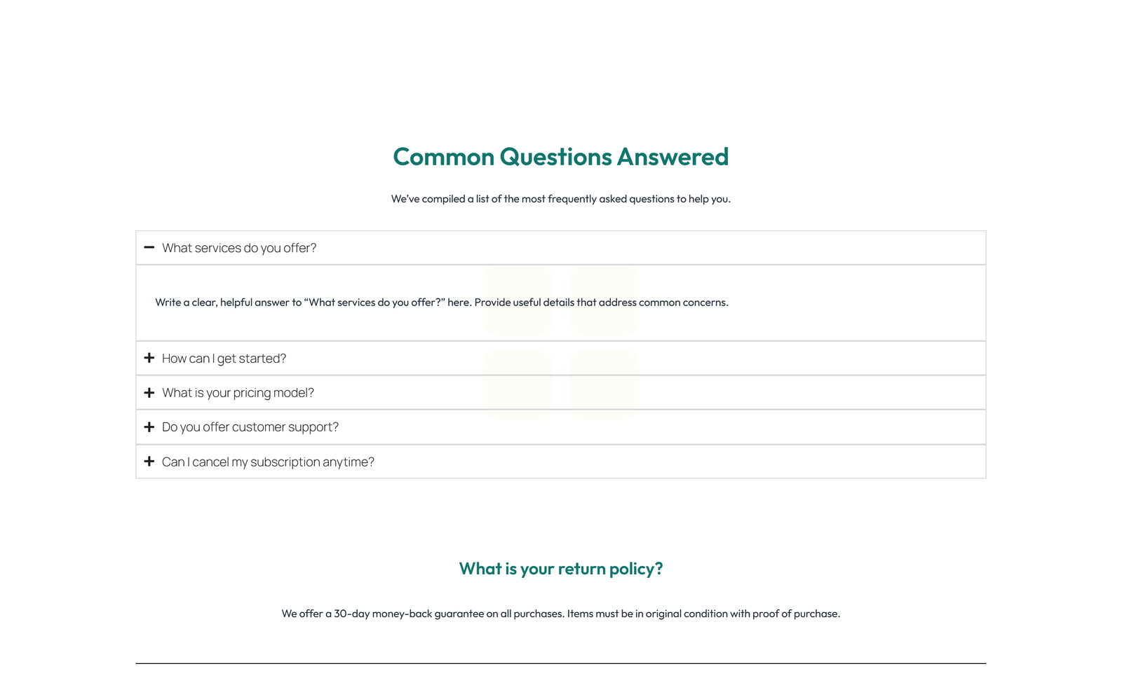 Screenshot of Centered FAQ with Accordion, Follow-up CTA 75 - Elementor FAQ Sections component