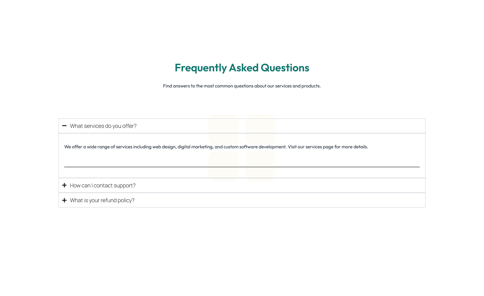 Screenshot of Centered FAQ with Accordion, Follow-up CTA 76 - Elementor FAQ Sections component