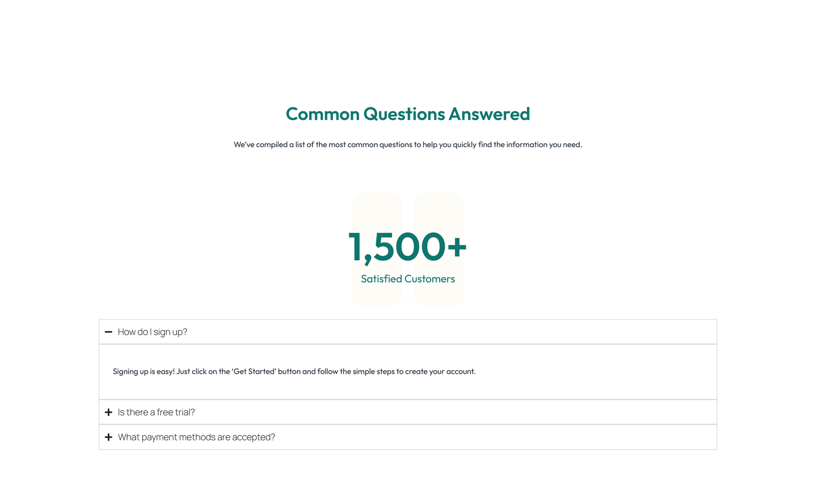 Screenshot of Centered FAQ with Accordion, Follow-up CTA 78 - Elementor FAQ Sections component