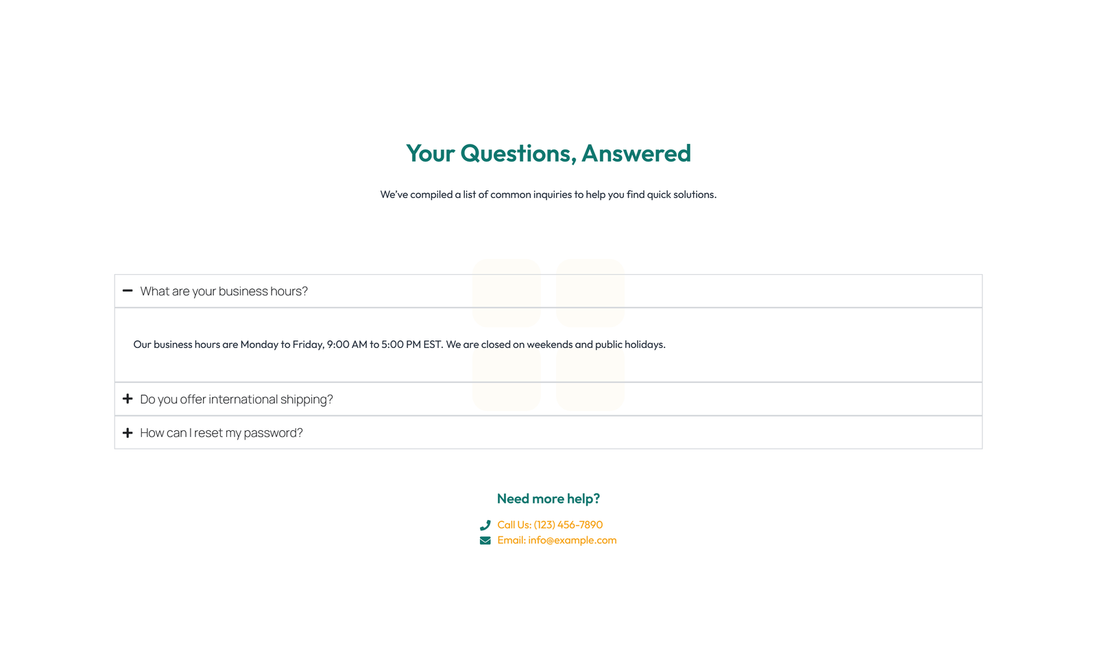 Screenshot of Centered FAQ with Accordion with Heading 82 - Elementor FAQ Sections component