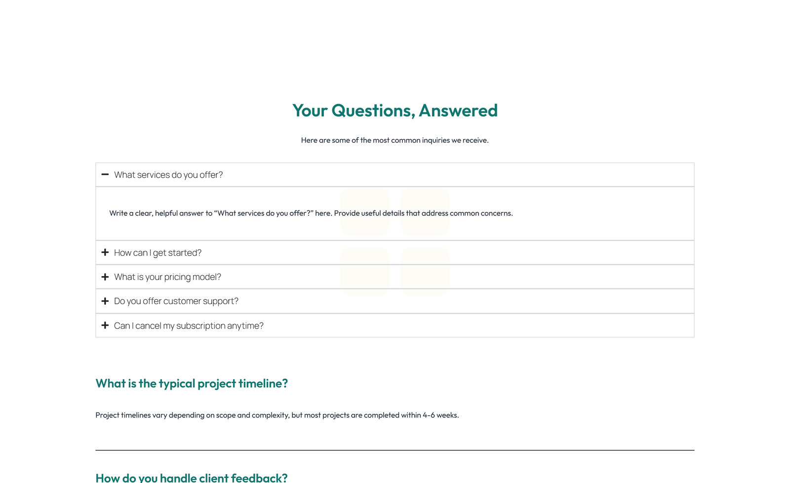 Screenshot of Centered FAQ with Accordion, Follow-up CTA 83 - Elementor FAQ Sections component