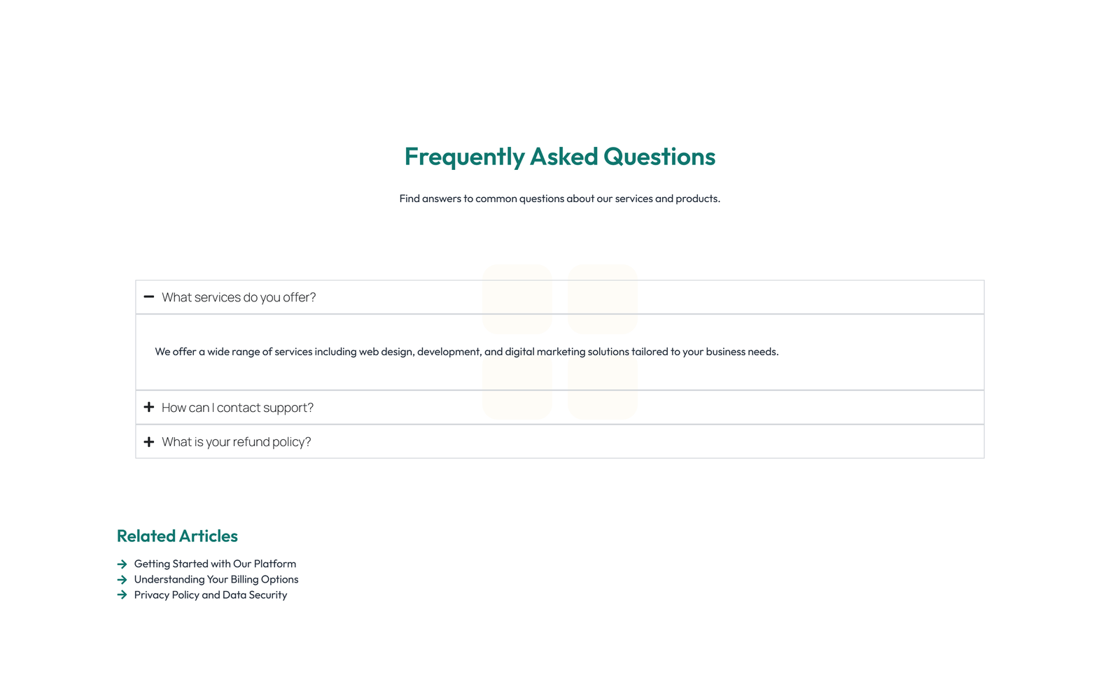 Screenshot of Centered FAQ with Accordion with Heading 85 - Elementor FAQ Sections component