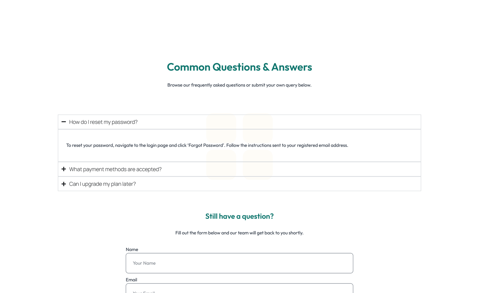 Screenshot of Split FAQ with Text and CTA Left and Accordion Right 86 - Elementor FAQ Sections component
