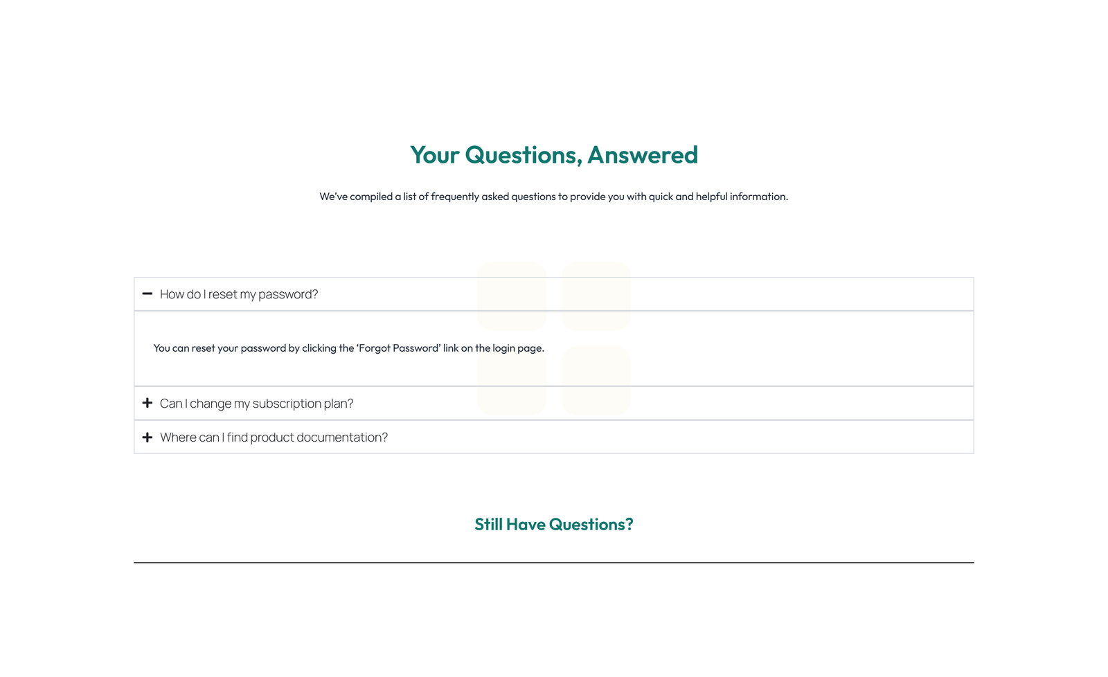 Screenshot of Centered FAQ with Accordion, Follow-up CTA 87 - Elementor FAQ Sections component