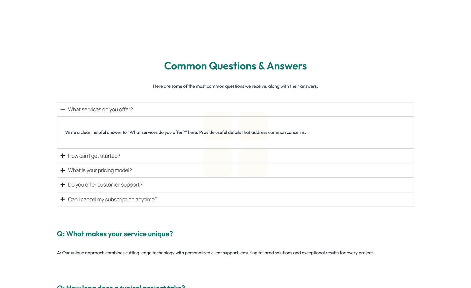 Screenshot of Split FAQ with Text and CTA Left and Accordion Right 89 - Elementor FAQ Sections component