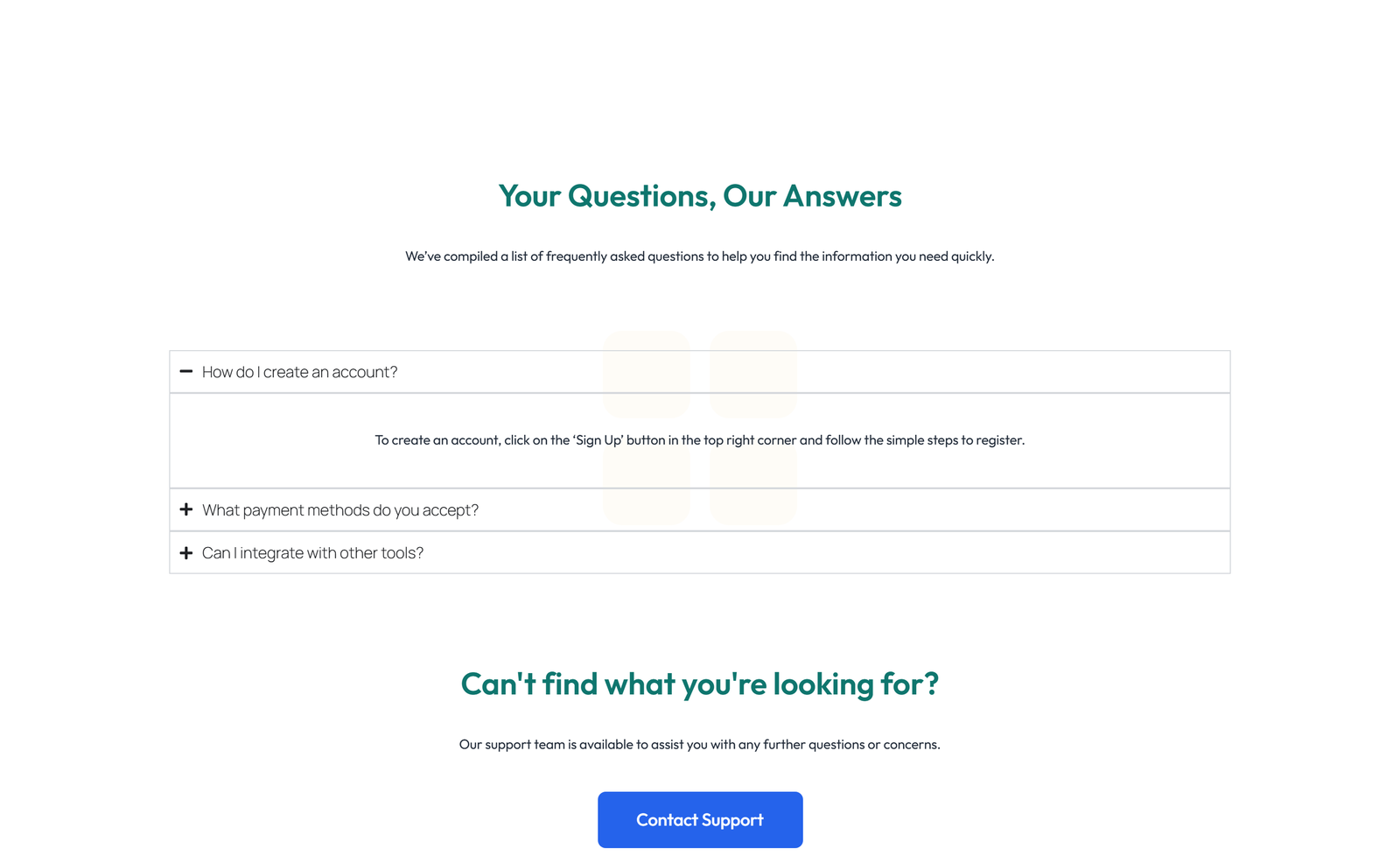 Screenshot of Centered FAQ with Accordion, Follow-up CTA 89 - Elementor FAQ Sections component