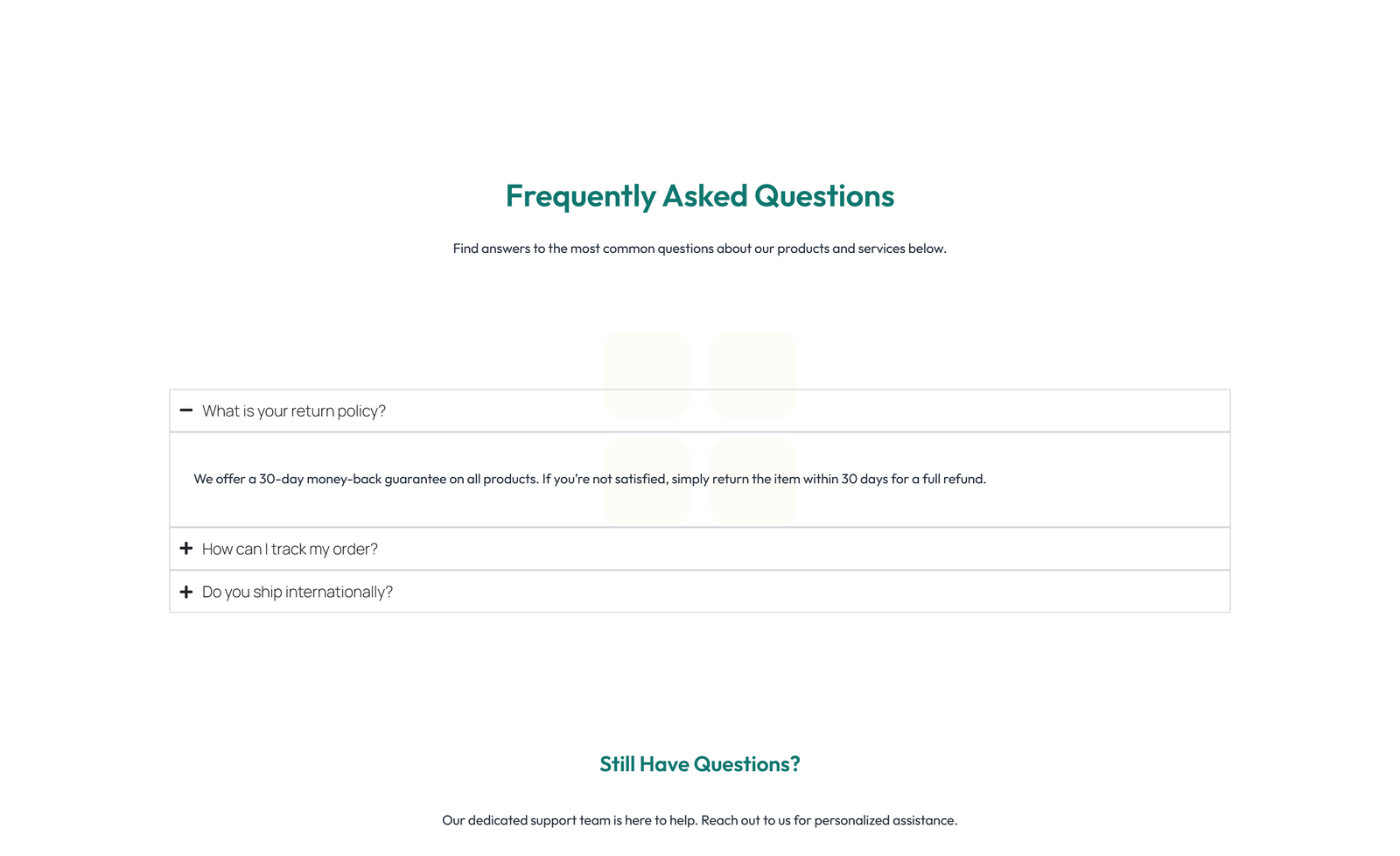 Screenshot of Centered FAQ with Accordion with Heading 90 - Elementor FAQ Sections component