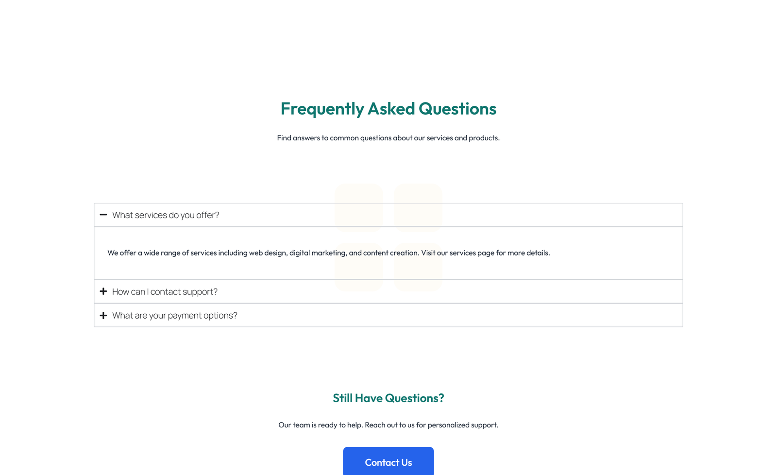 Screenshot of Split FAQ with Text and CTA Left and Accordion Right 90 - Elementor FAQ Sections component