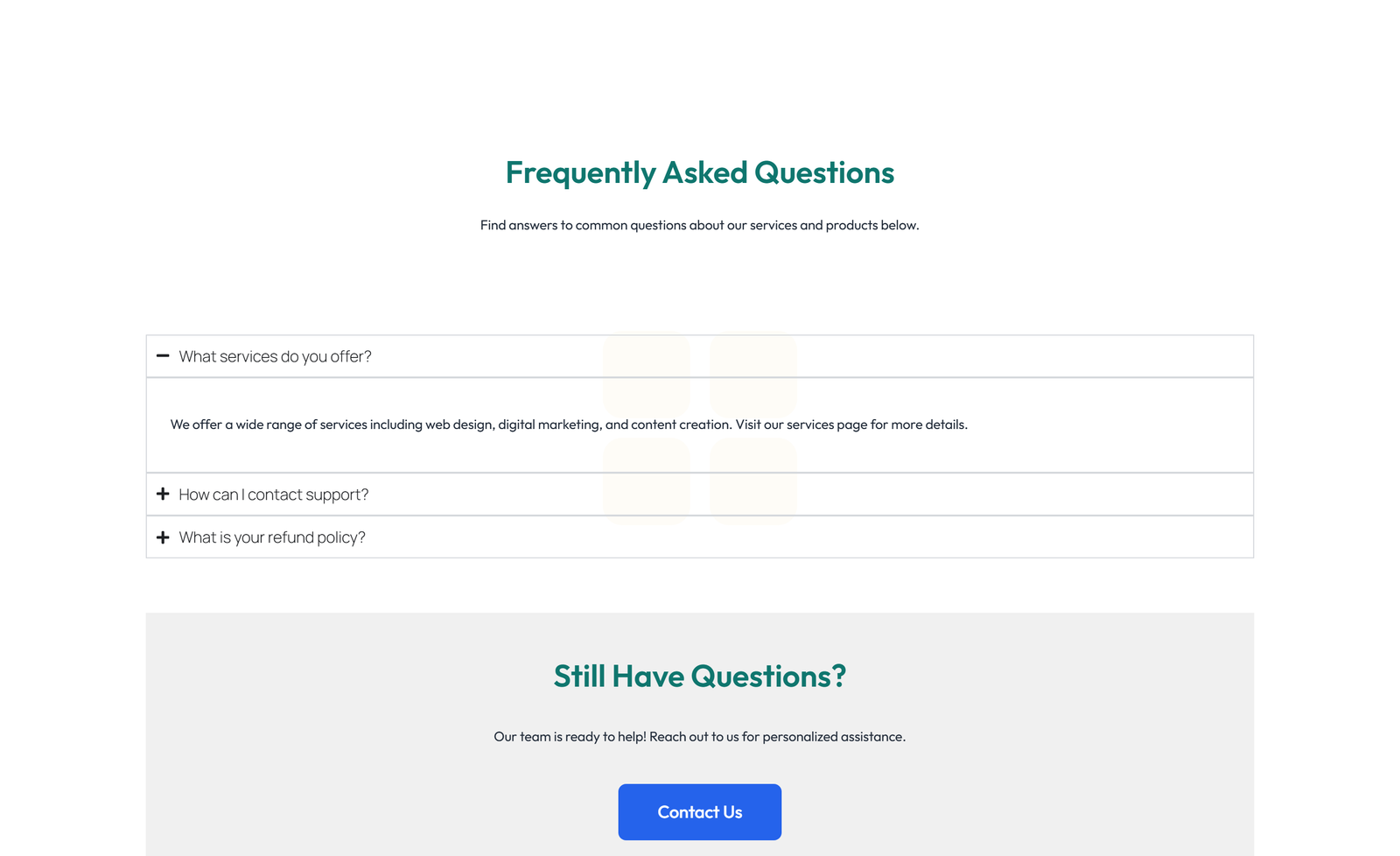 Centered FAQ with Accordion with Heading 91 - Elementor component