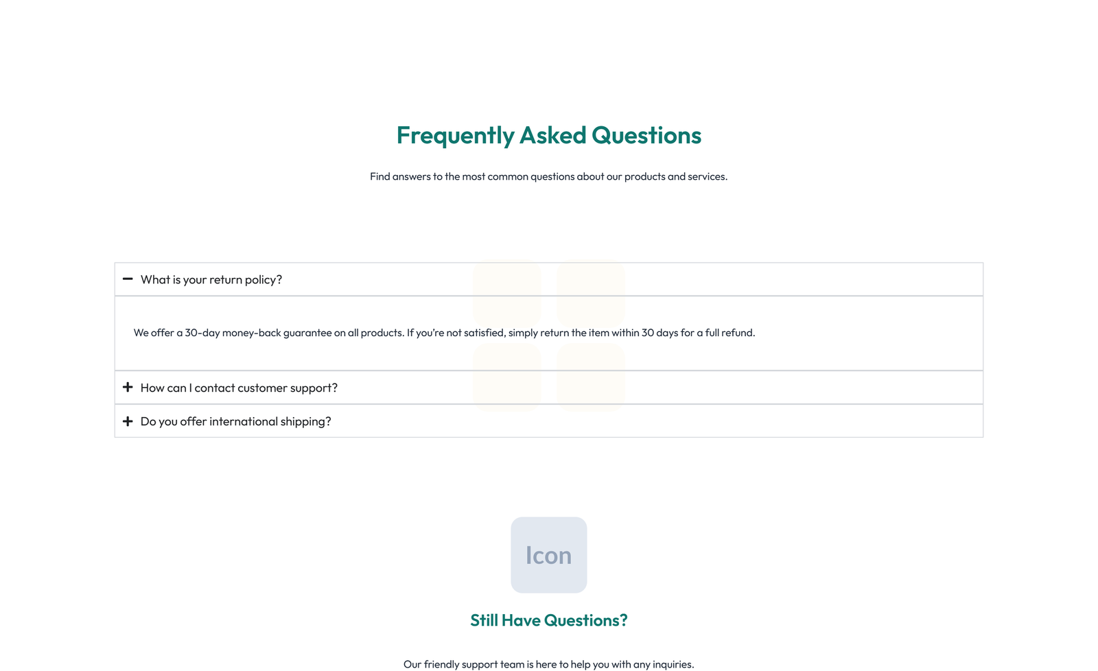Screenshot of Split FAQ with Text and CTA Left and Accordion Right 91 - Elementor FAQ Sections component