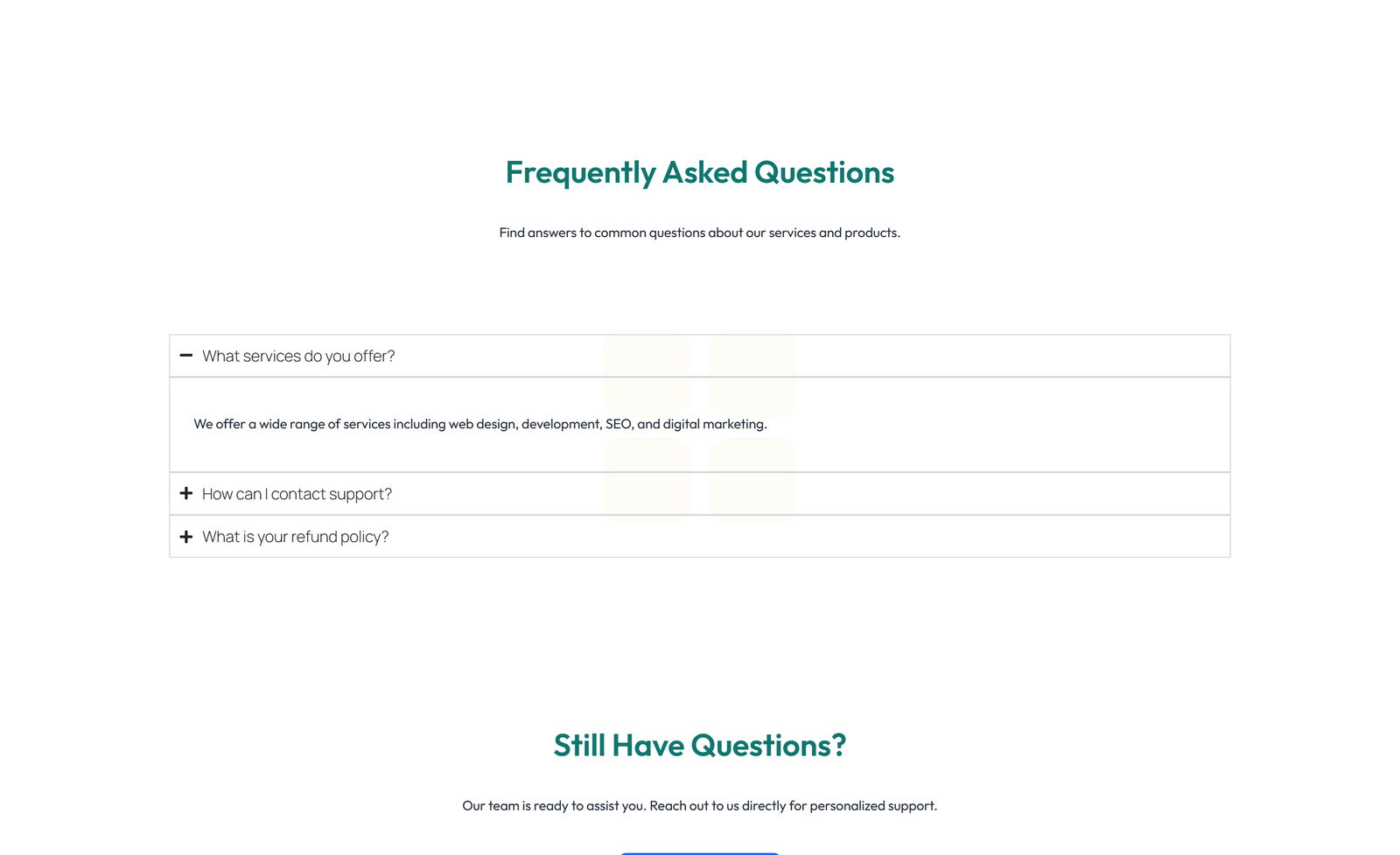 Screenshot of Centered FAQ with Accordion with Heading 92 - Elementor FAQ Sections component