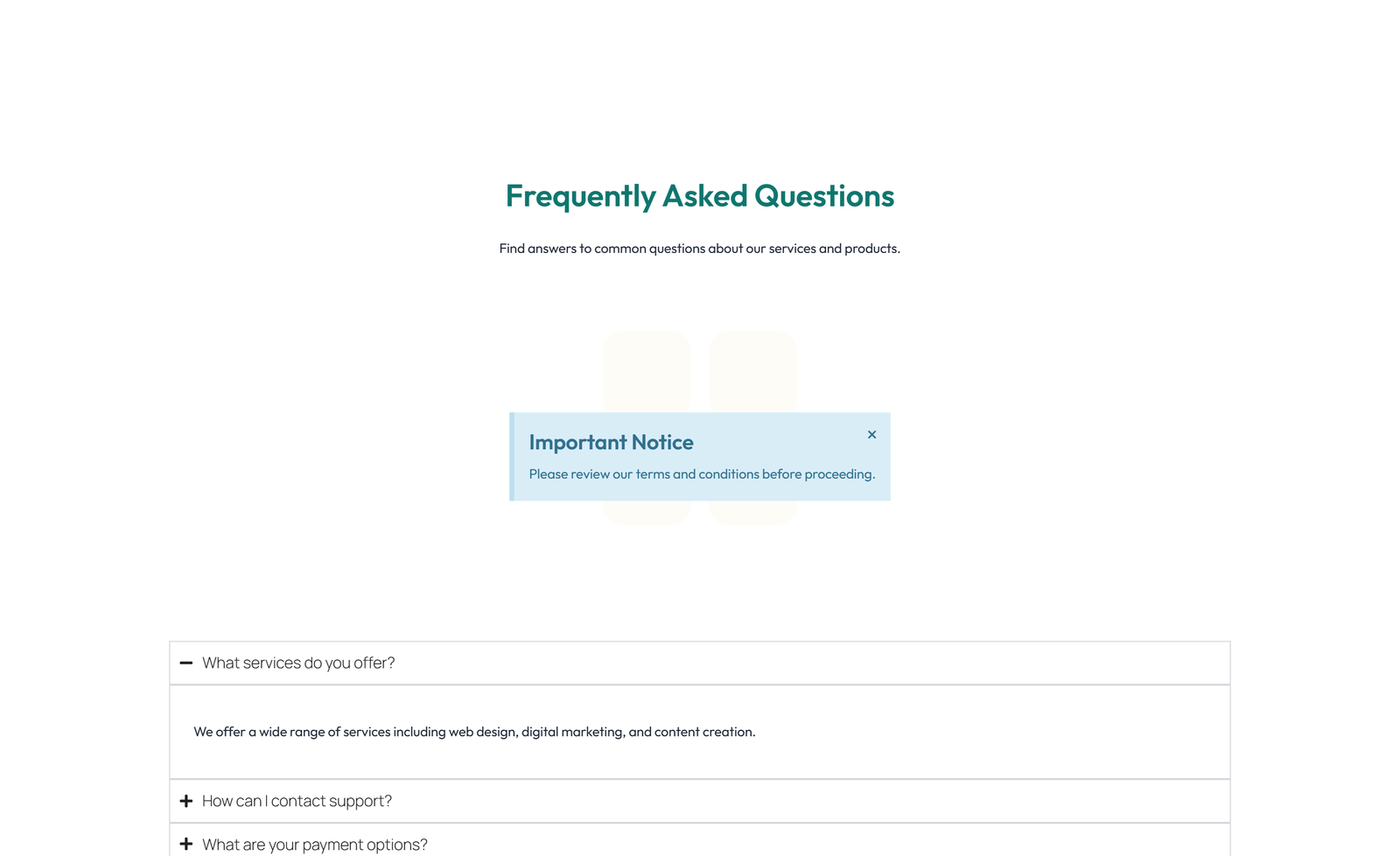 Screenshot of Centered FAQ with Accordion with Heading 97 - Elementor FAQ Sections component