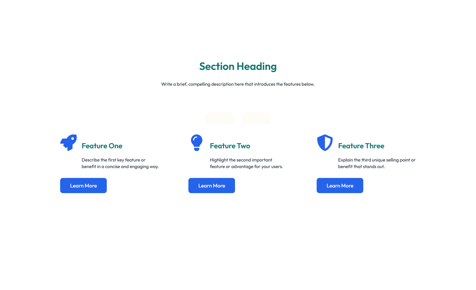 Screenshot of Feature Grid with 3-column Icon, Title, Text, CTA Cards 17 - Elementor Feature Sections component