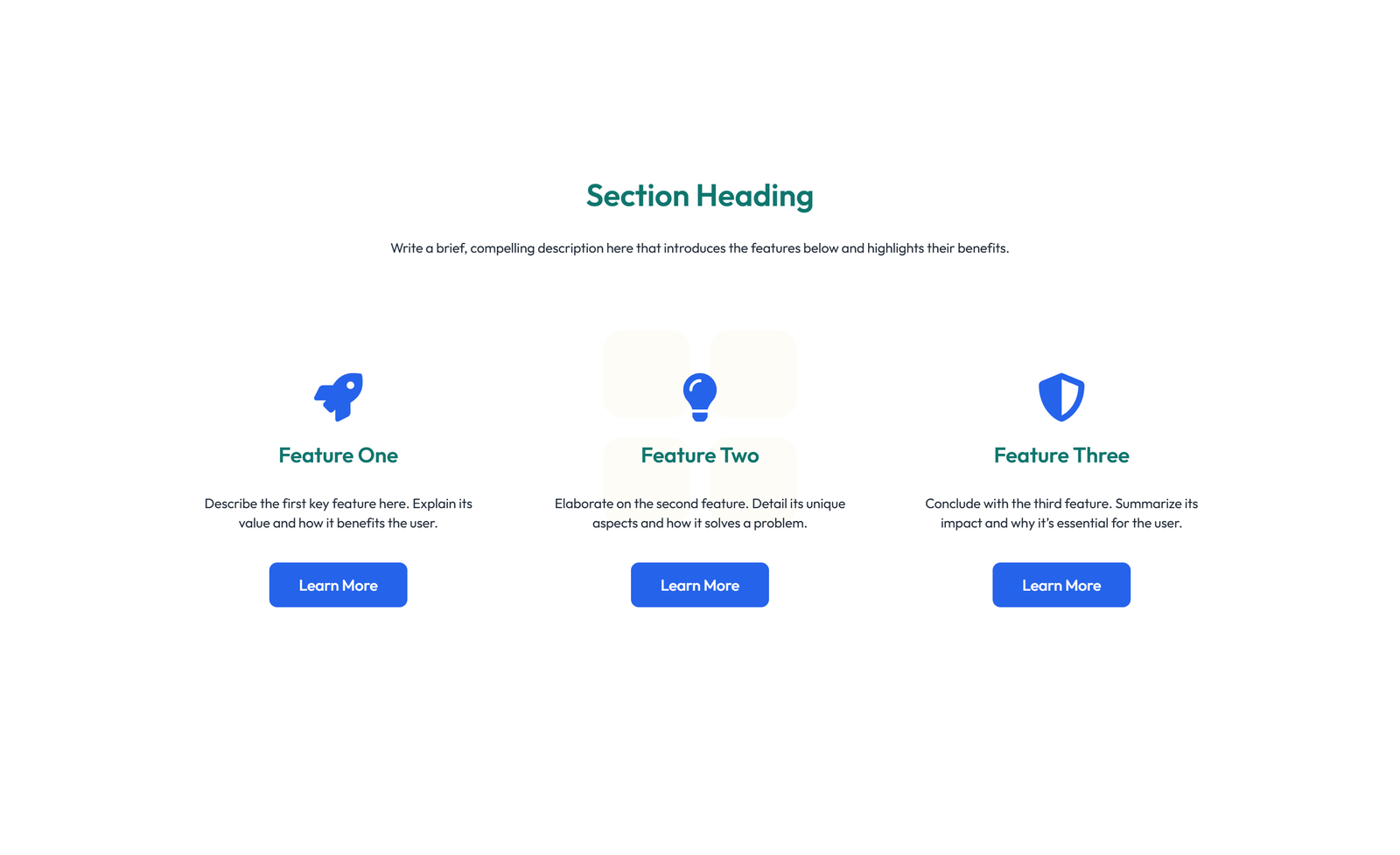 Screenshot of Feature Grid with 3-column Icon, Title, Text Cards 56 - Elementor Feature Sections component