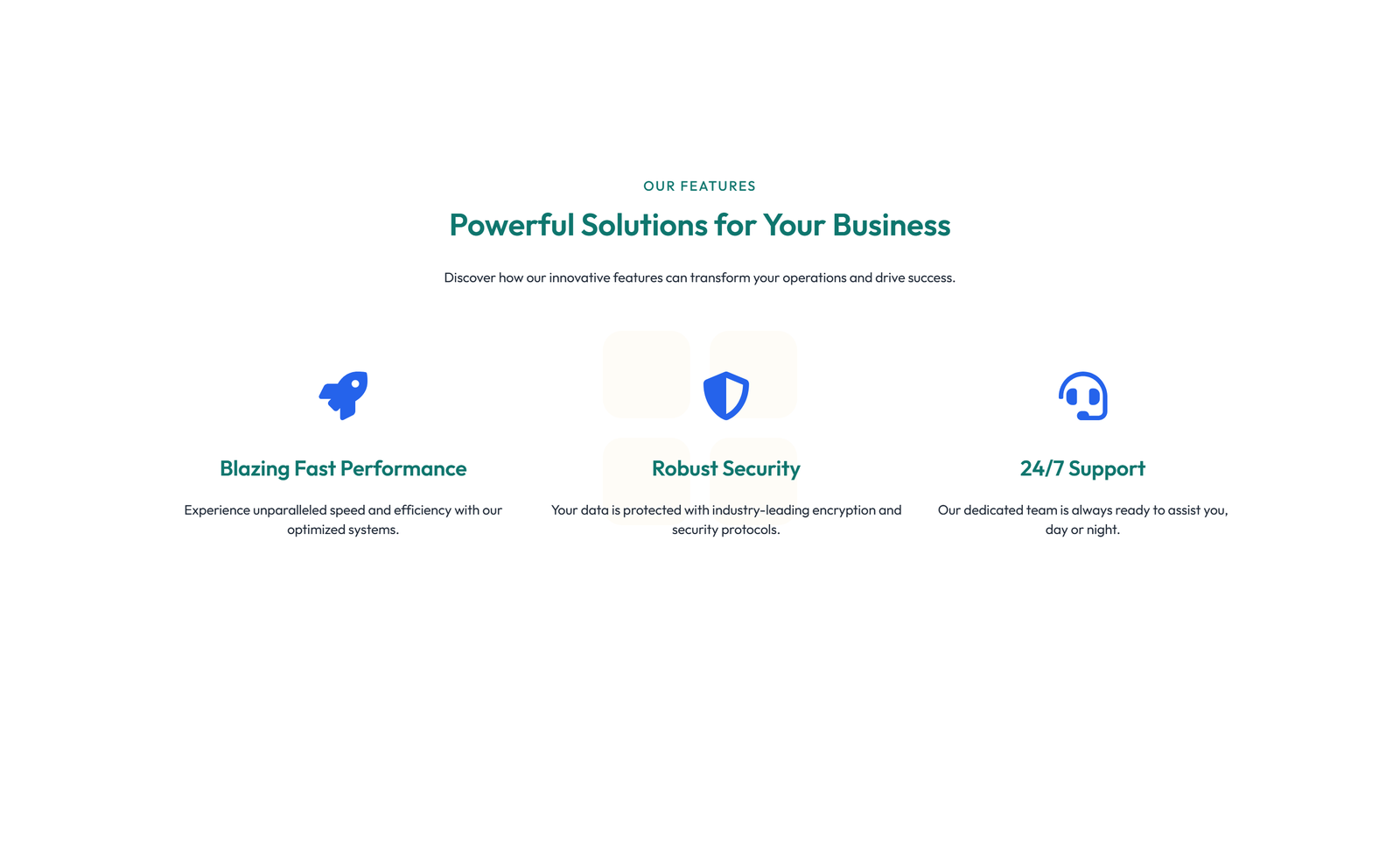Screenshot of Feature Grid with 3-column Icon, Title, Text Cards 116 - Elementor Feature Sections component