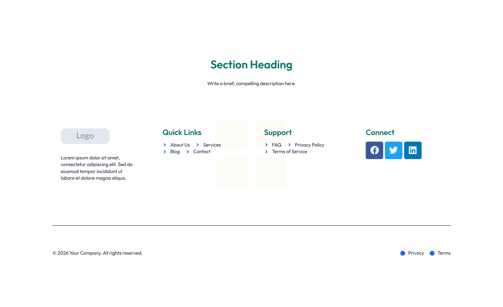 Screenshot of Footer with 3-column: Logo, Links, Contact, Social 3 - Elementor Footers component
