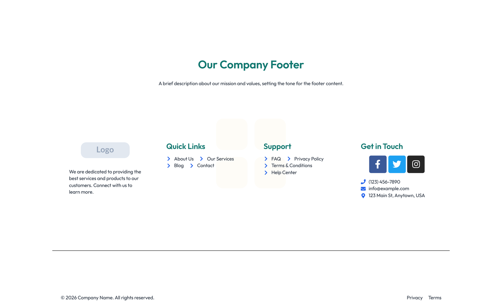 Footer with 4-column: Logo, Links, Links, Contact, Social 4 - Elementor component