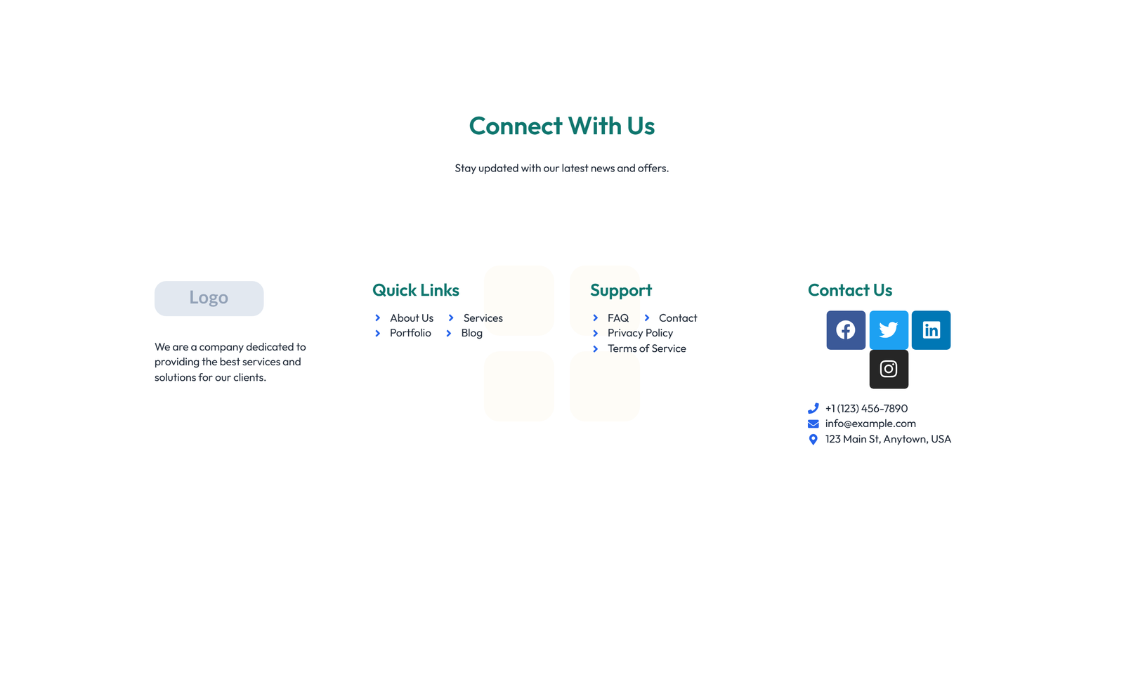 Screenshot of Footer with 3-column: Logo, Links, Contact, Social 4 - Elementor Footers component