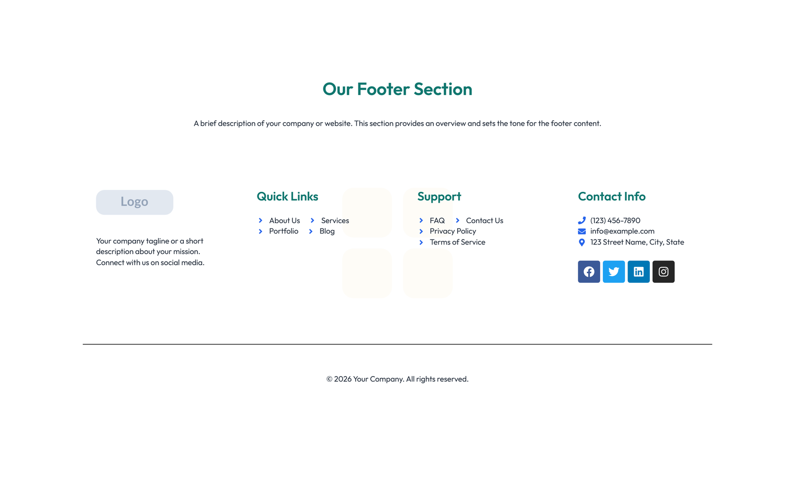 Footer with 4-column: Logo, Links, Links, Contact, Social 5 - Elementor component
