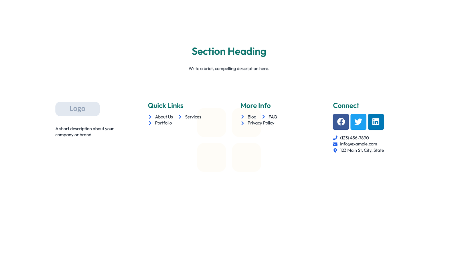 Screenshot of Footer with 3-column: Logo, Links, Contact, Social 5 - Elementor Footers component
