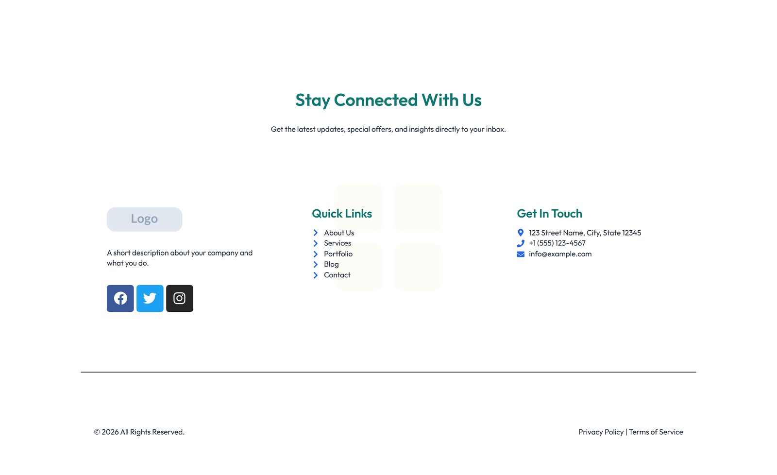 Screenshot of Footer with 4-column: Logo, Links, Links, Contact, Social 6 - Elementor Footers component