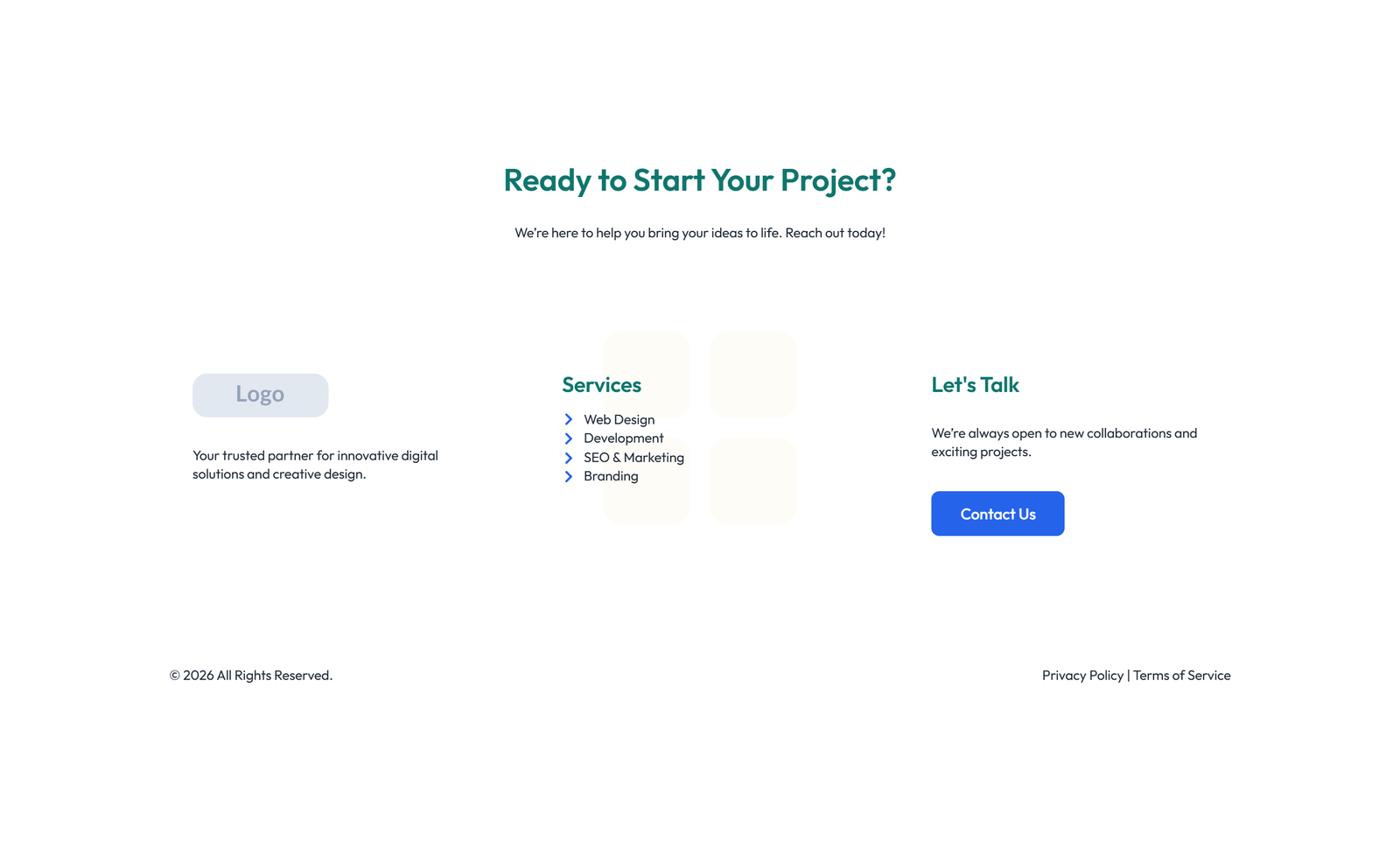 Screenshot of Footer with 4-column: Logo, Links, Links, Contact, Social 7 - Elementor Footers component