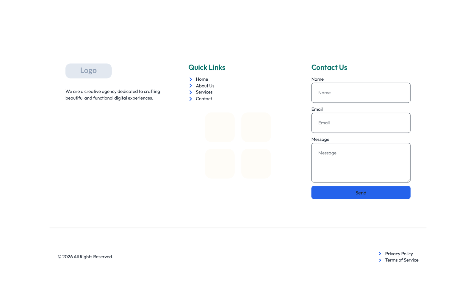 Screenshot of Footer with 3-column: Logo, Links, Contact, Social 7 - Elementor Footers component