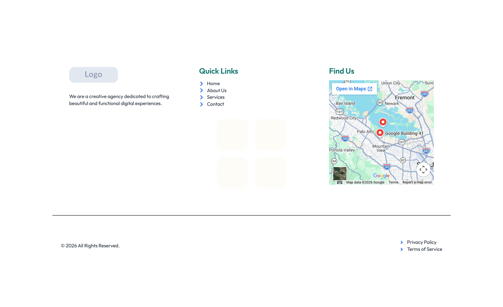 Footer with 4-column: Logo, Links, Links, Contact, Social 8 - Elementor component