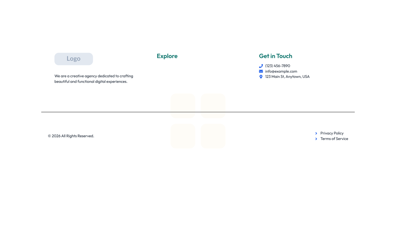 Screenshot of Footer with 3-column: Logo, Links, Contact, Social 8 - Elementor Footers component