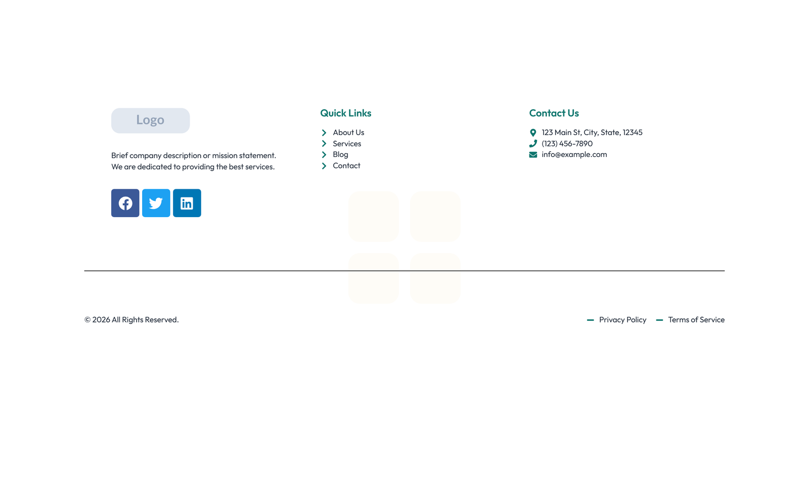 Screenshot of Footer with 3-column: Logo, Links, Contact, Social 9 - Elementor Footers component