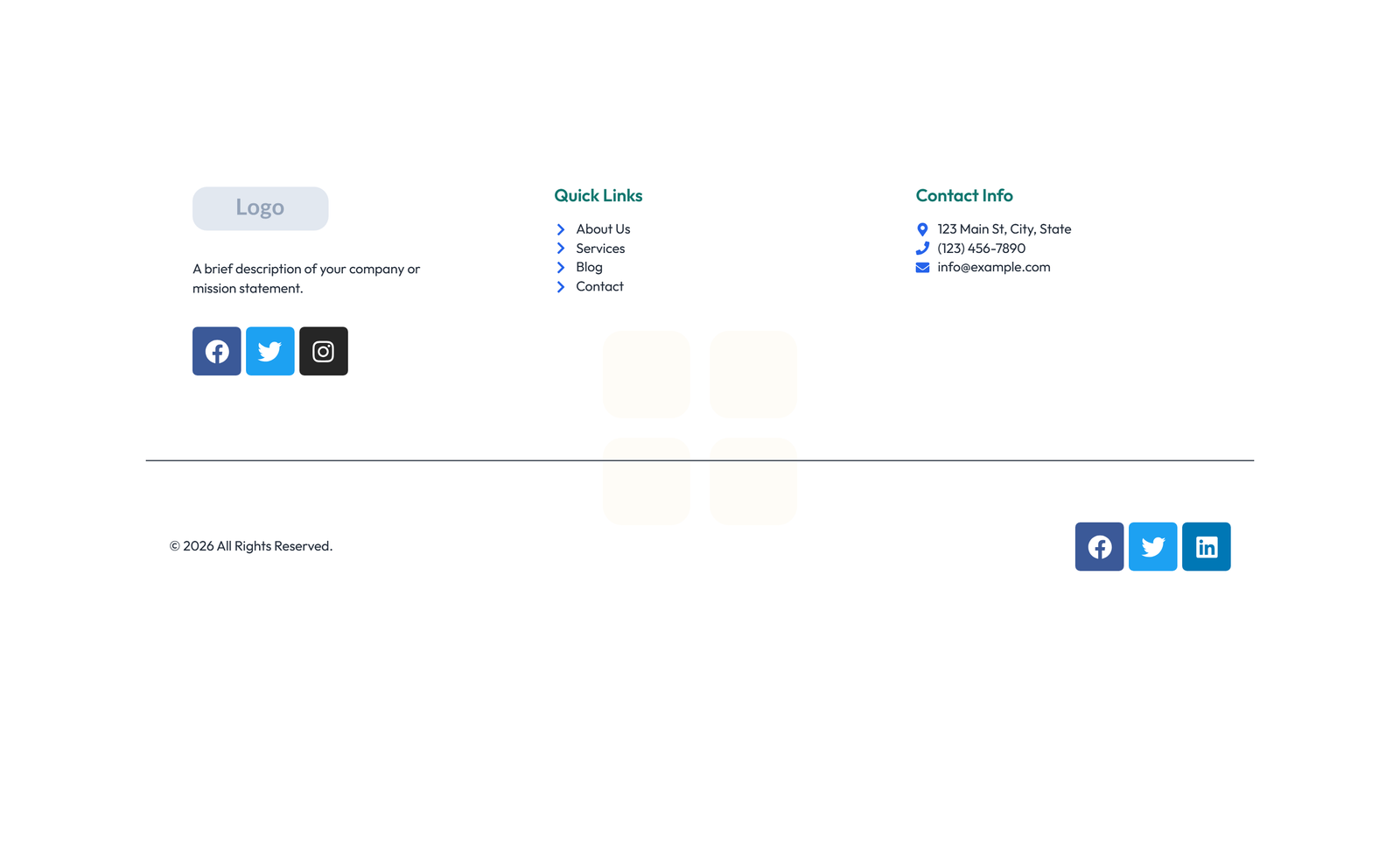 Screenshot of Footer with 4-column: Logo, Links, Links, Contact, Social 10 - Elementor Footers component