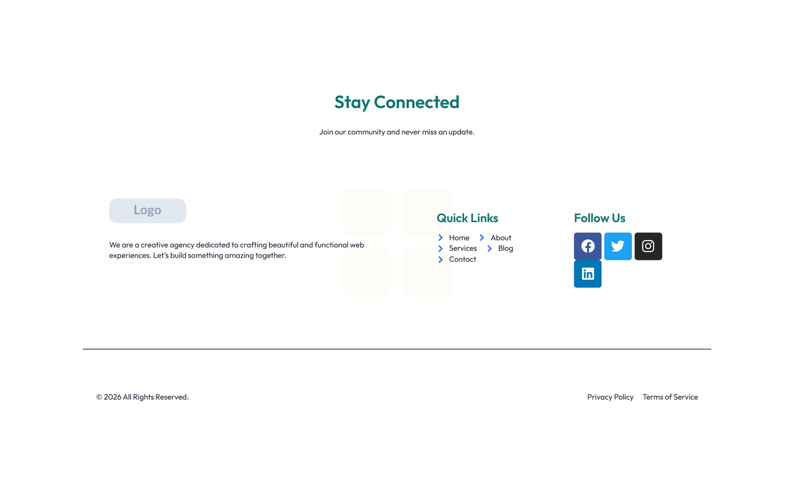 Screenshot of Footer with 3-column: Logo, Links, Contact, Social 11 - Elementor Footers component