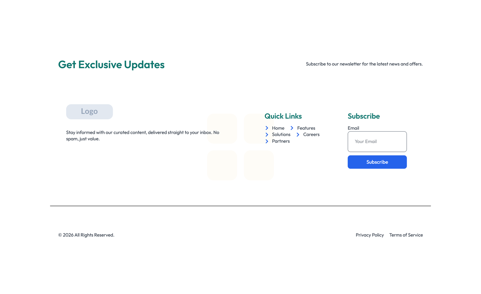Screenshot of Footer with 3-column: Logo, Links, Contact, Social 12 - Elementor Footers component