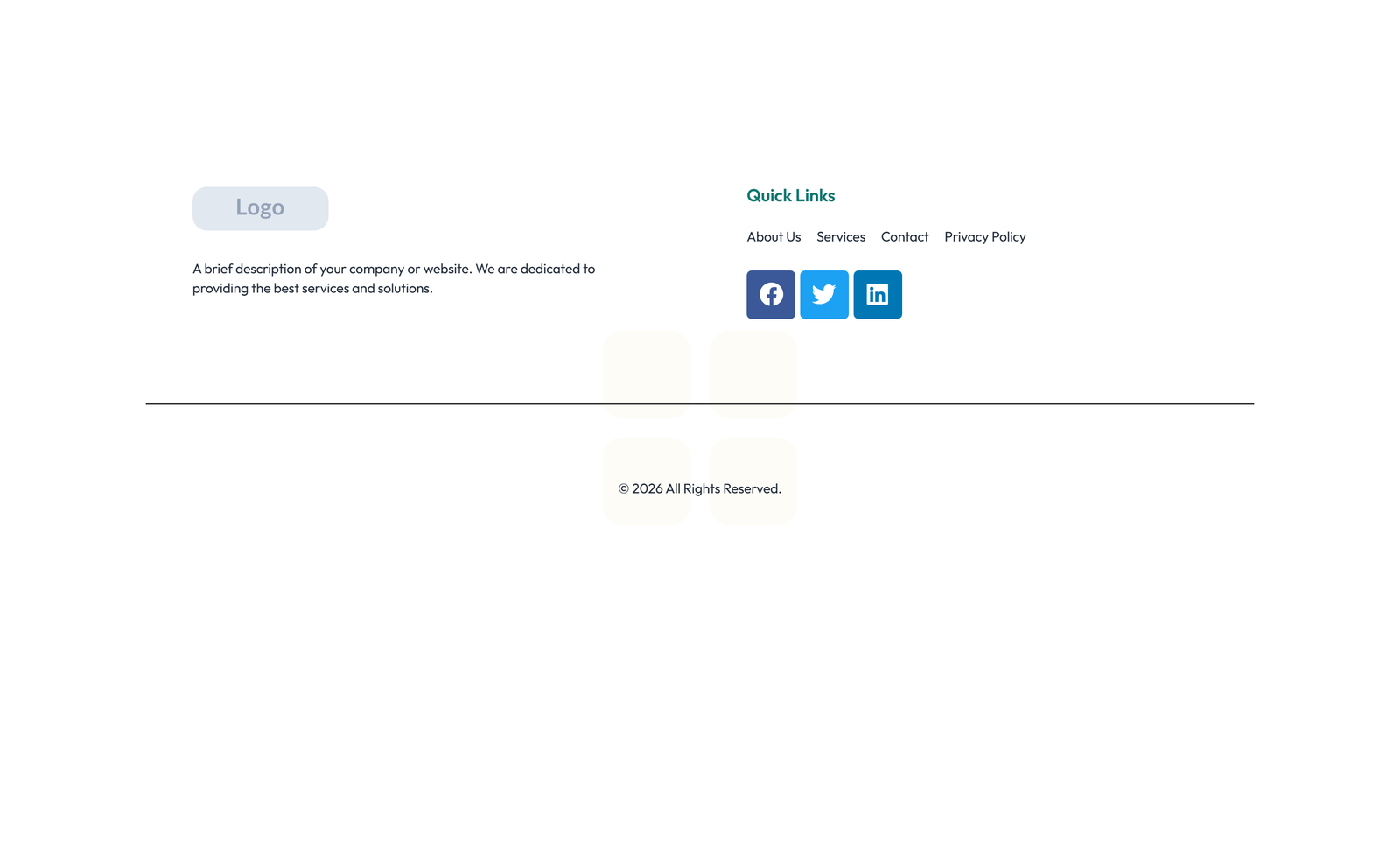 Screenshot of Footer with 4-column: Logo, Links, Links, Contact, Social 15 - Elementor Footers component