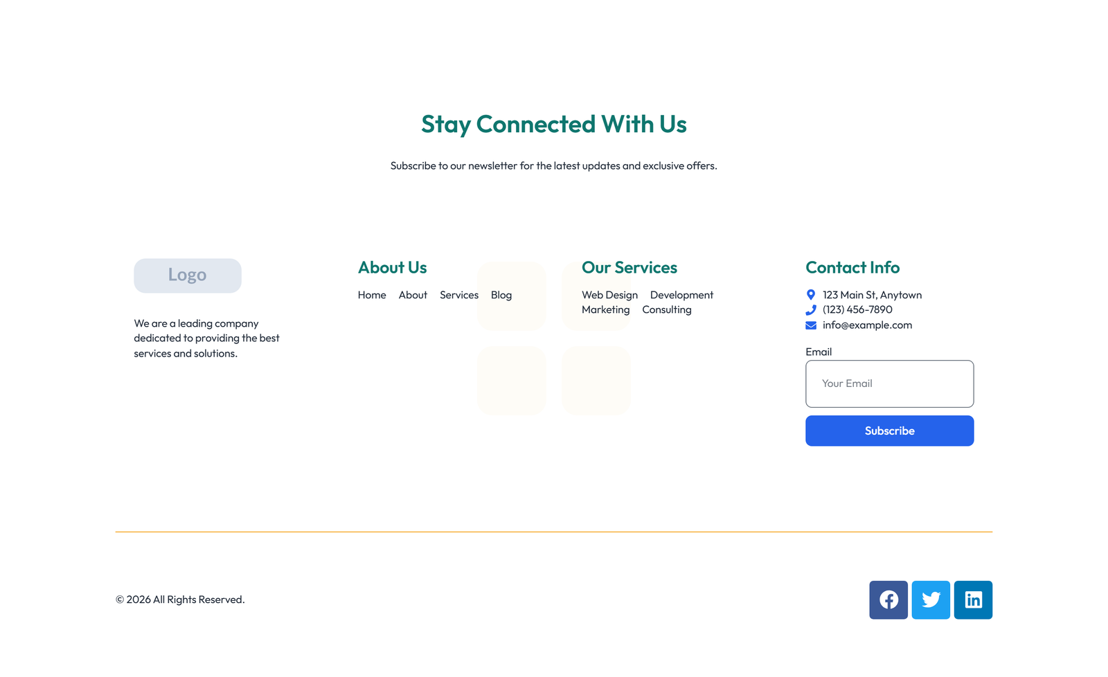 Screenshot of Footer with 3-column: Logo, Links, Contact, Social 17 - Elementor Footers component