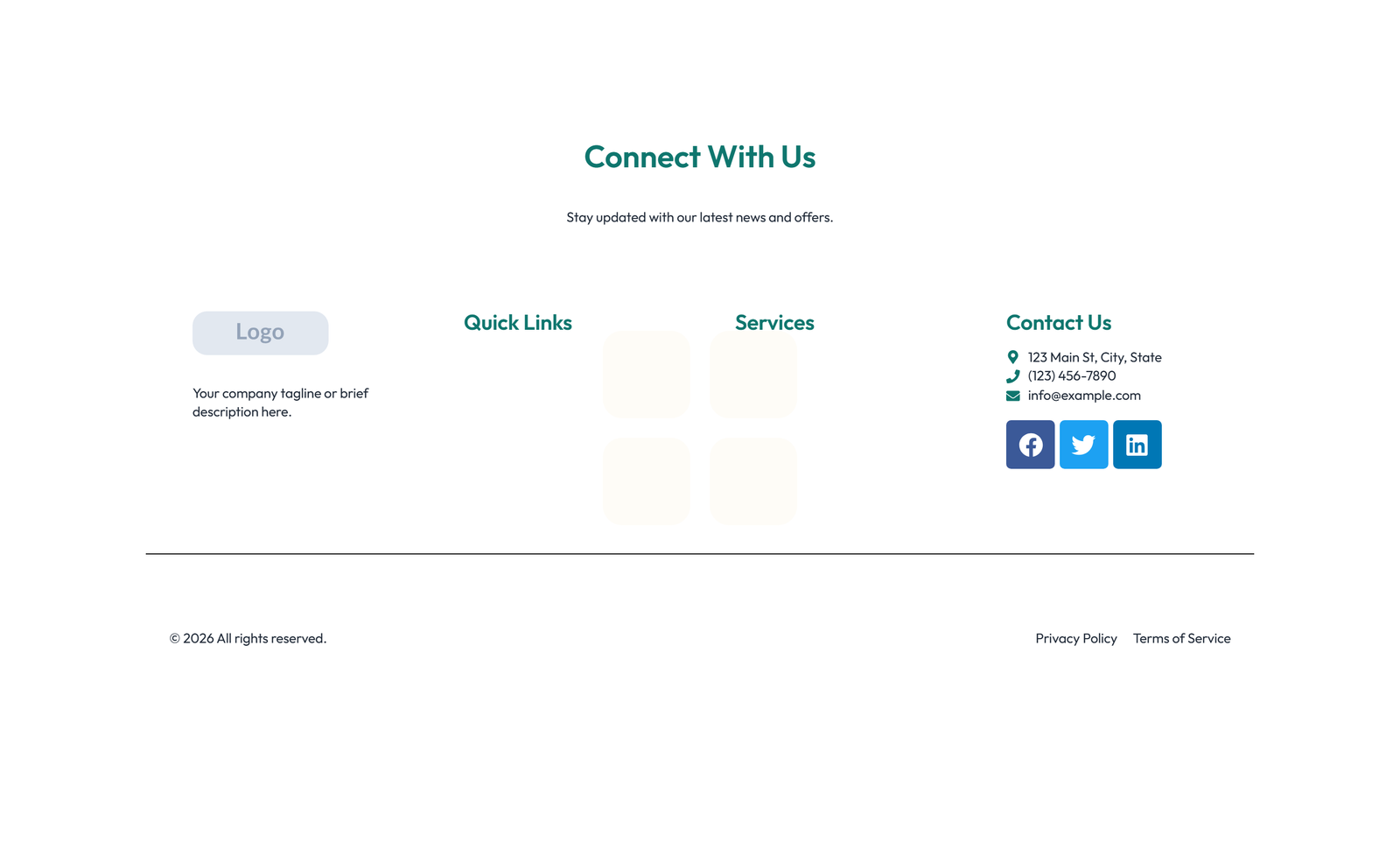 Screenshot of Footer with 3-column: Logo, Links, Contact, Social 18 - Elementor Footers component