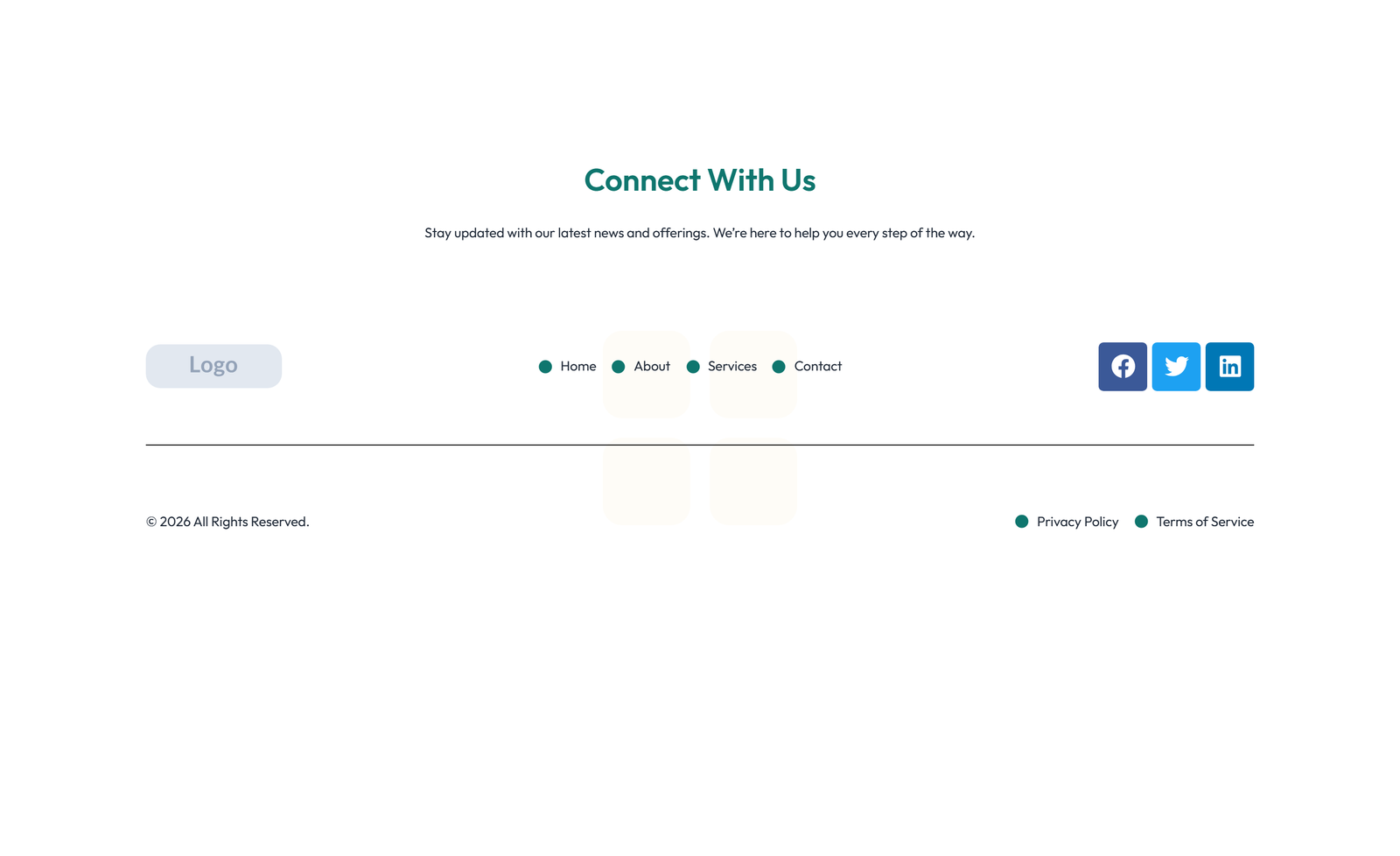 Screenshot of Footer with 4-column: Logo, Links, Links, Contact, Social 19 - Elementor Footers component