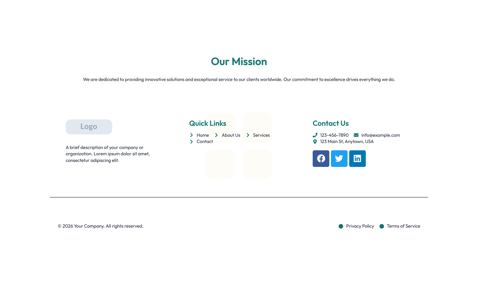 Footer with 3-column: Logo, Links, Contact, Social 19 - Elementor component