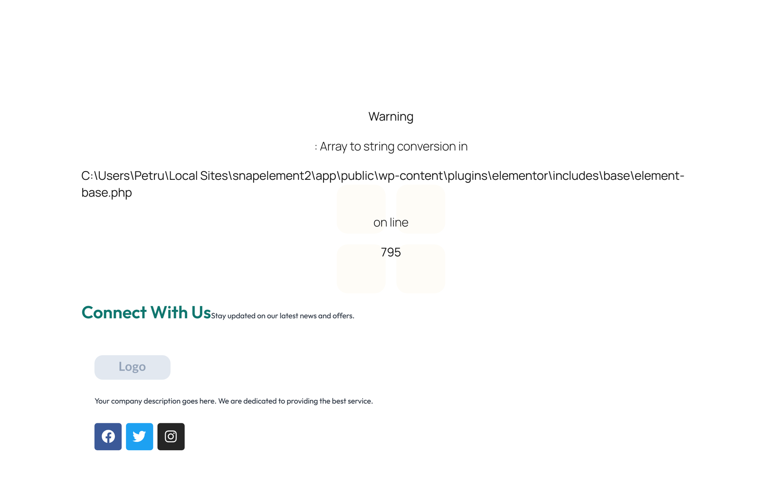 Screenshot of Footer with 4-column: Logo, Links, Links, Contact, Social 20 - Elementor Footers component