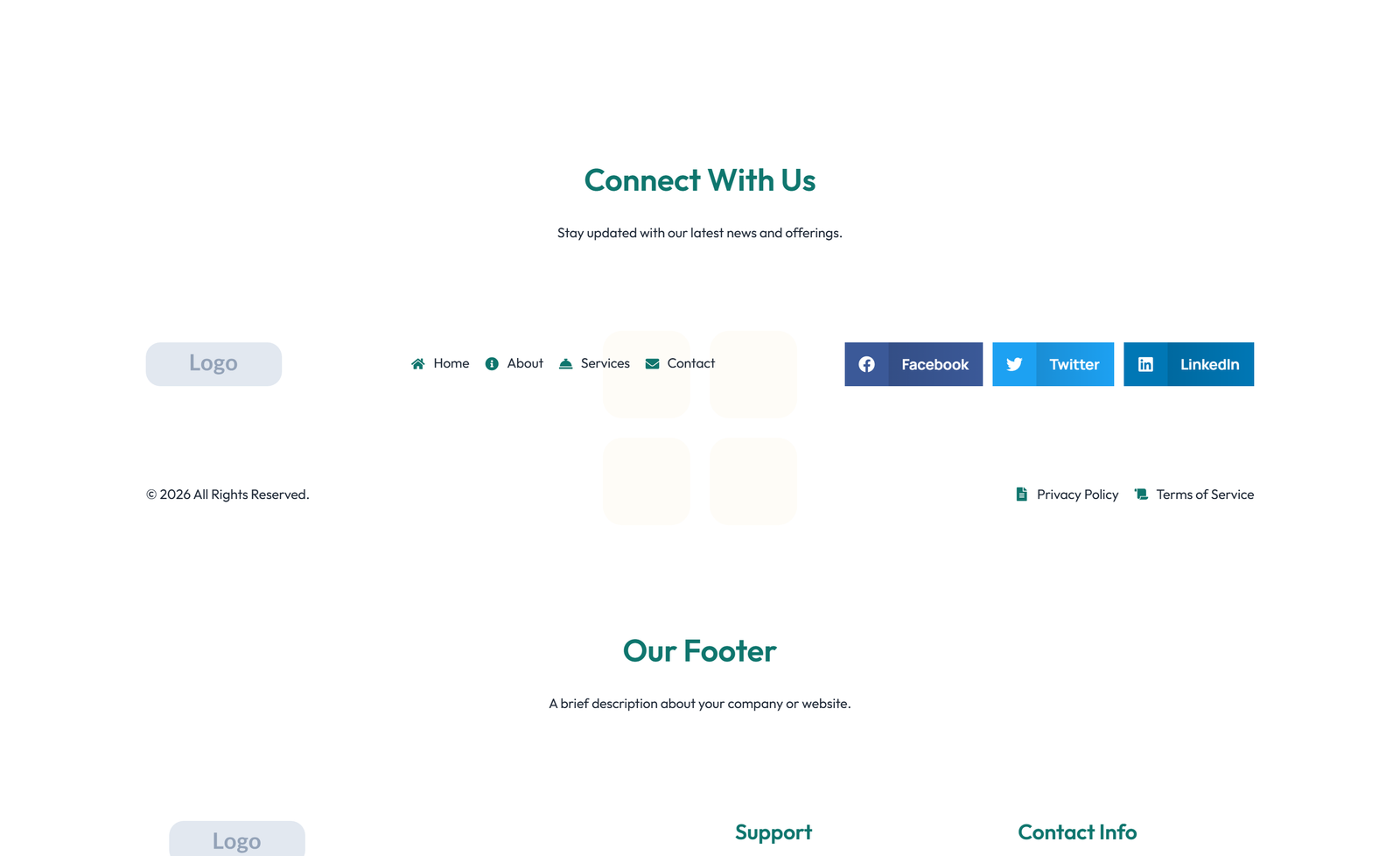 Screenshot of Footer with 3-column: Logo, Links, Contact, Social 20 - Elementor Footers component