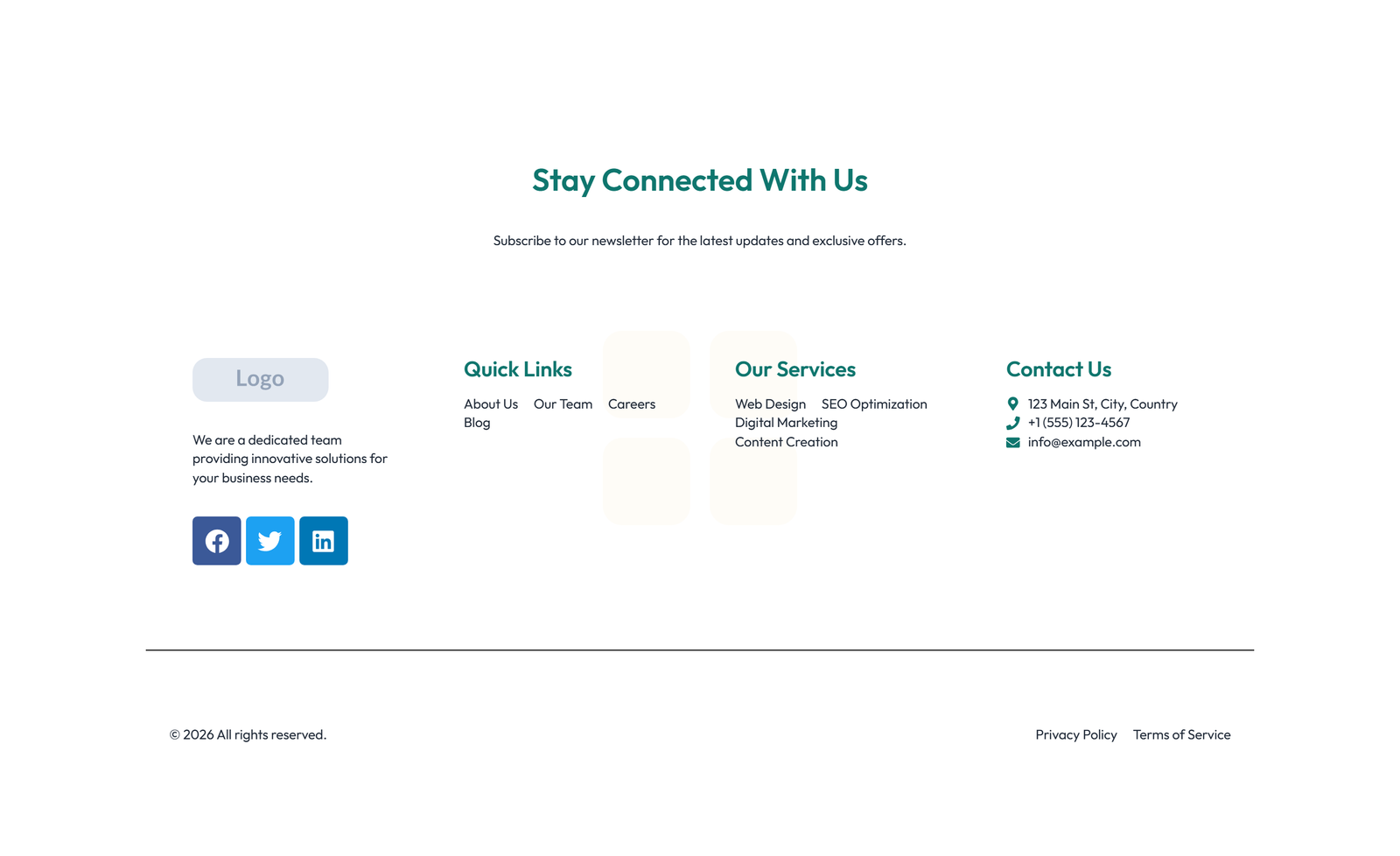 Screenshot of Footer with 4-column: Logo, Links, Links, Contact, Social 21 - Elementor Footers component