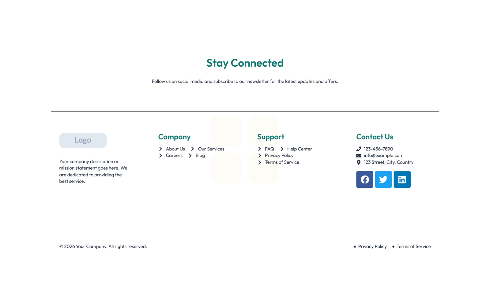 Footer with 3-column: Logo, Links, Contact, Social 21 - Elementor component