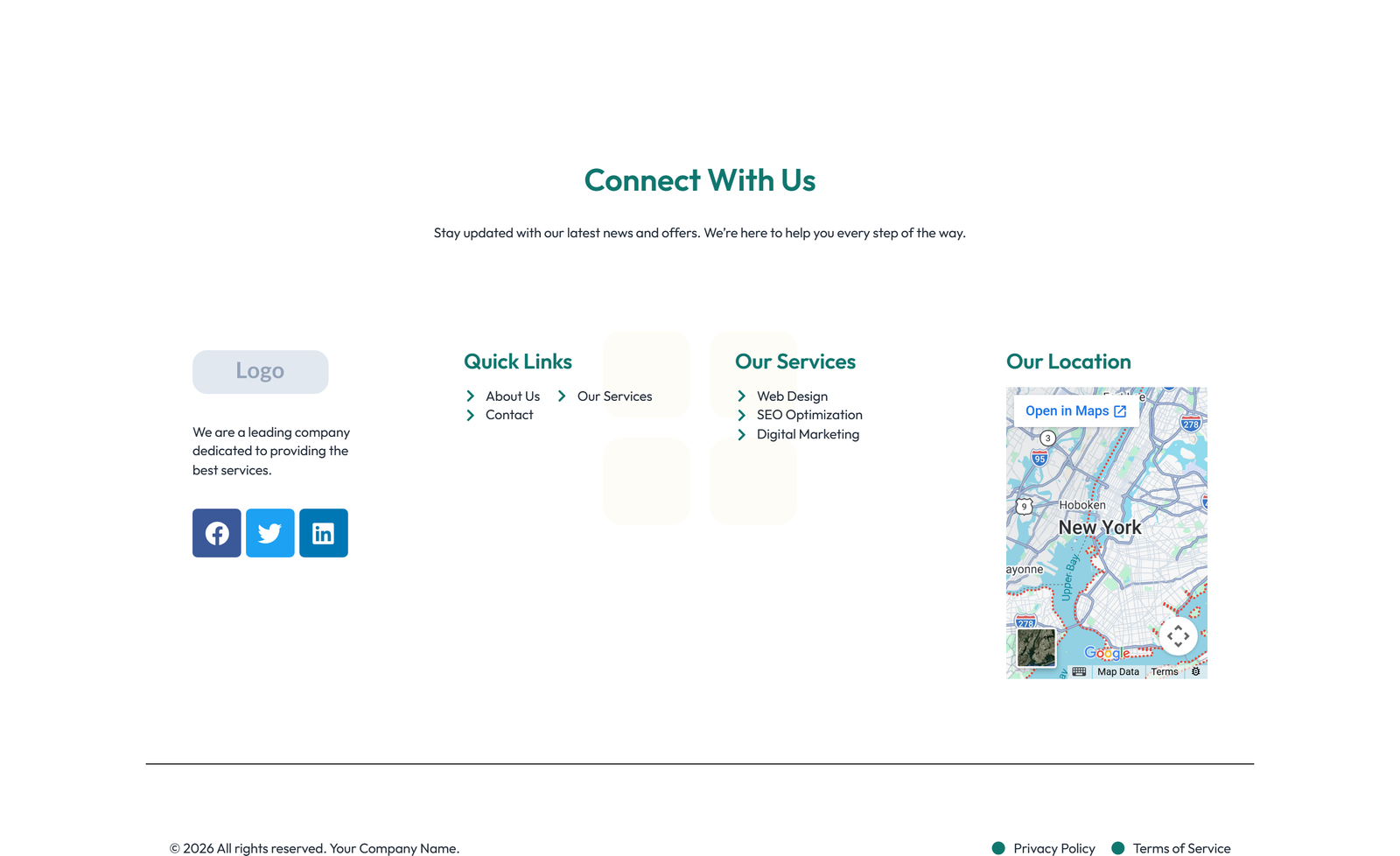 Footer with 4-column: Logo, Links, Links, Contact, Social 23 - Elementor component